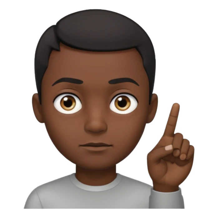 Male with a big head, dark skin, eyes looking to the side, pointer finger touching the outside corner of the eye sticker