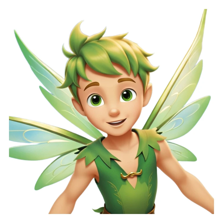 cinematic-realistic-peter-pan-portrait, head tilted dramatically with an exaggeratedly amused expression and sparkling eyes brimming with playful mischief, his iconic outfit rendered in vivid detail with dynamic shadows, soaring through the air. Flying right Next to him is a glowing Tinker Bell, whose delicate wings leave a trail of shimmering pixie dust across a whimsical sky. sticker