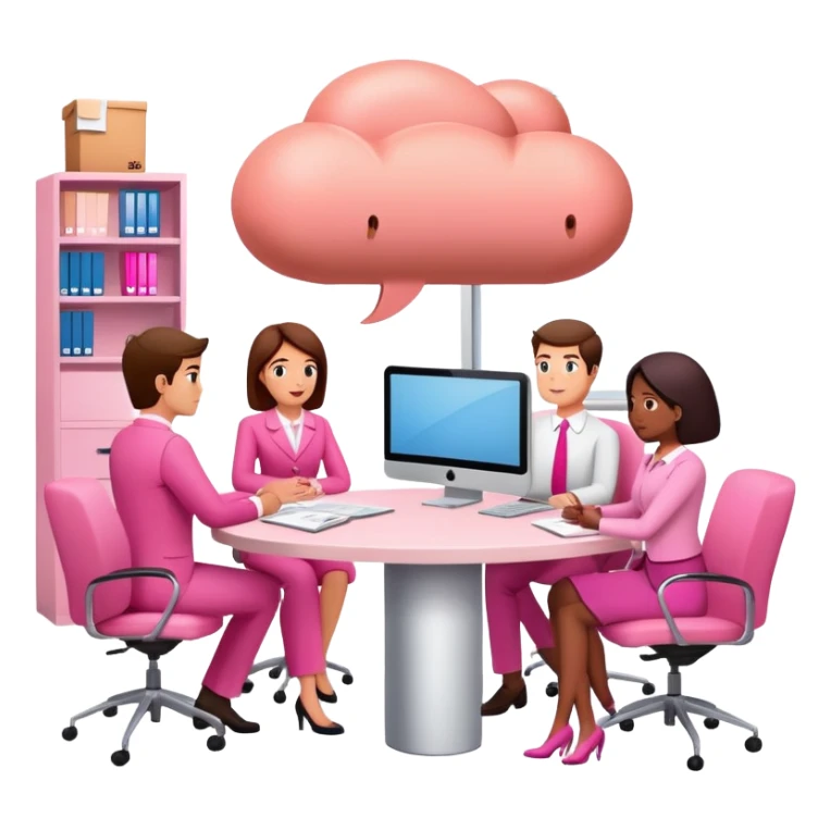 people in pink SPAM office setting with a SPAMGAGE meeting landscape  sticker