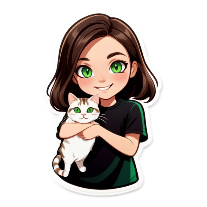 brunette white girl green eyes holding a dark brown white tabby cat smiling sticker