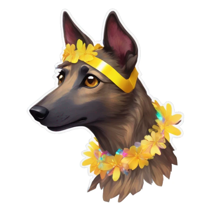  brindle brown black maroon gold lurcher Alsatian fox running blue eyes and iridescent holographic oilslick harness wearing paper iridescent tropical flower crown yellow caution tape sticker