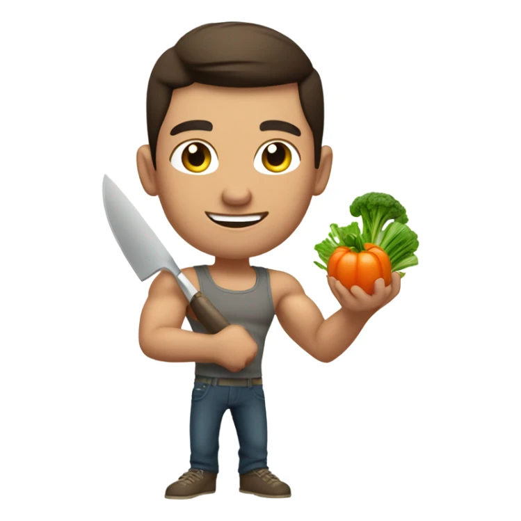 attractive muscular brunette young man using a chopping vegetables sticker