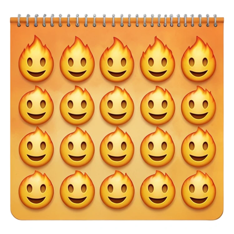 A page from a wall calendar that starts burning from the bottom right corner. Use soft and pastel tones. Make the emoji image resemble the basic set of smileys like on the iPhone. sticker