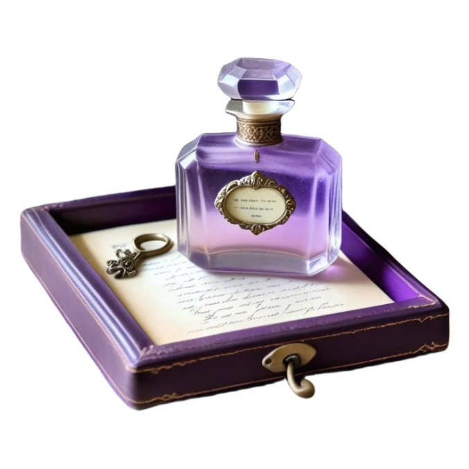 An ornate glass perfume bottle, filled with a delicate violet-hued elixir, rests on a lace-covered vanity tray, surrounded by pressed pansies in shades of lavender, plum, and amethyst, their petals softly curling with time. A worn leather-bound poetry book, its pages kissed with faded lilac ink, lies open beside it, exuding whispers of forgotten verses and fleeting romance sticker