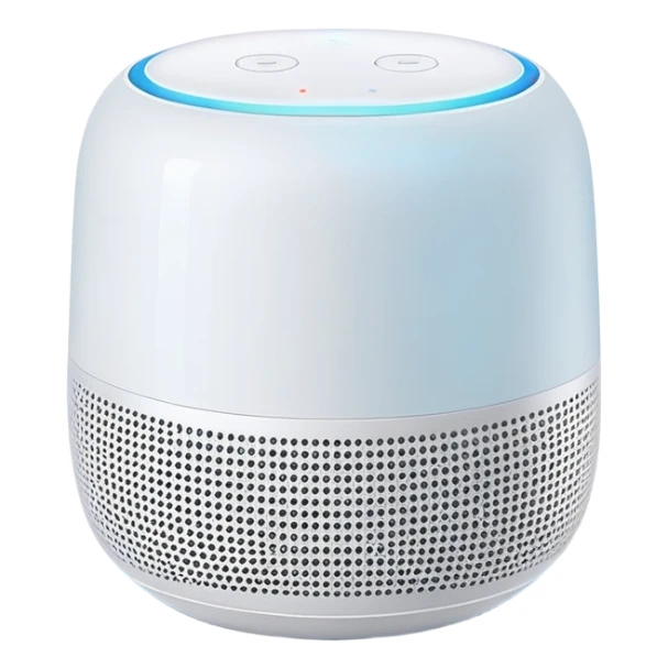 Modern Apple-style smart speaker, elegant and minimalist design with soft glow on top sticker
