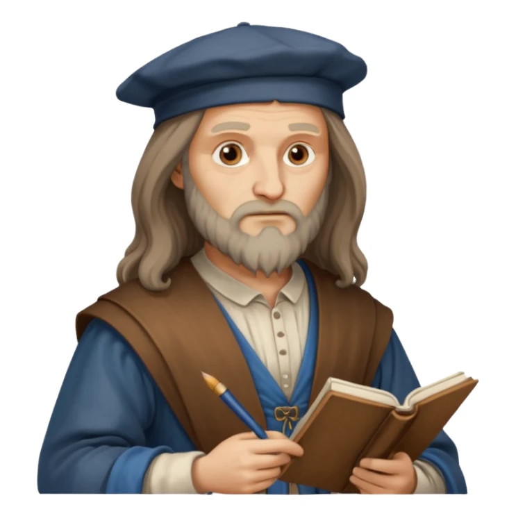 Leonardo da Vinci as an emoji, thoughtful expression, sketchbook in hand, classic clothing sticker