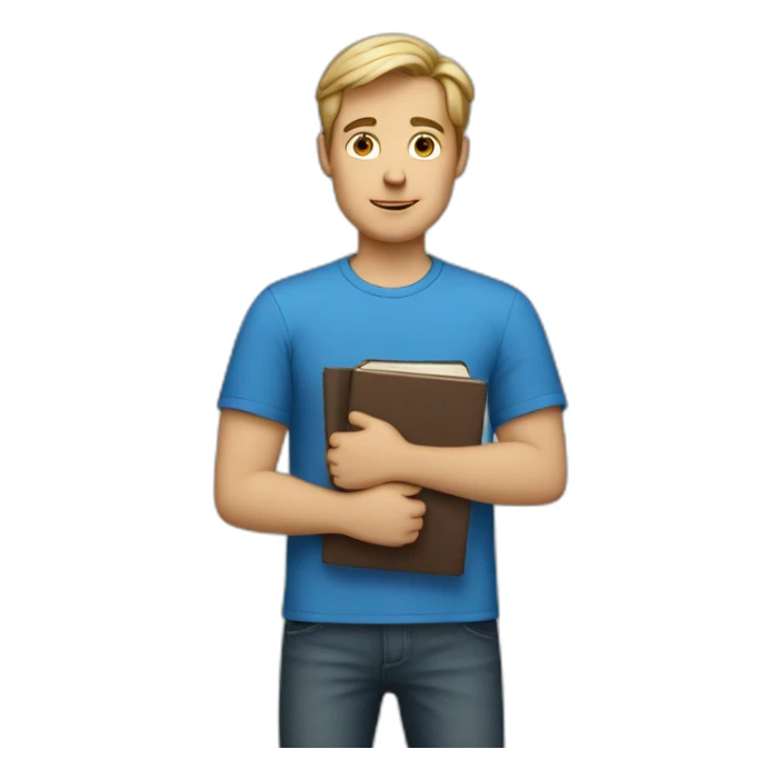 a white man in a blue shirt holding books sticker