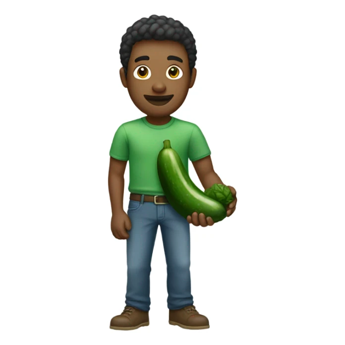 Man in green shirt holding cucumber sticker