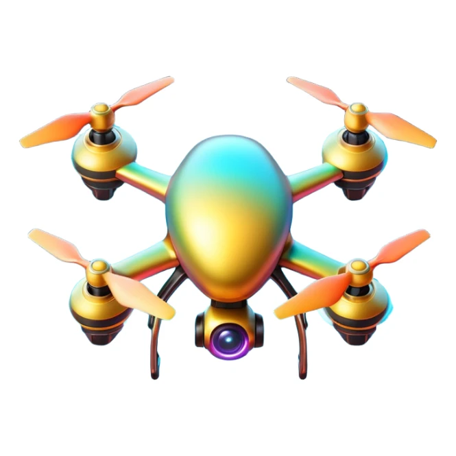 Futuristic colorful drone emoji, metallic body, glowing LED lights, 3D shiny style, high detail, transparent background. sticker