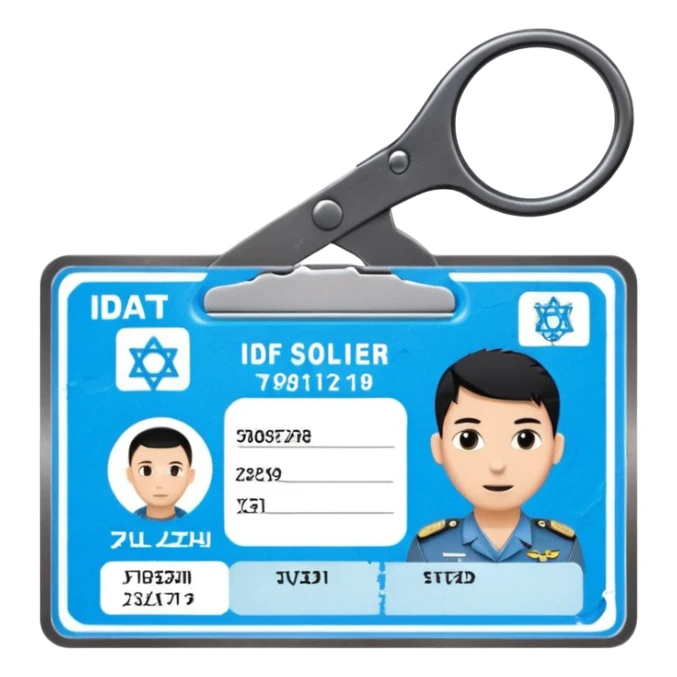 black Scissors cutting a light blue idf soldier ID card in 2 parts .hyper realistic sticker