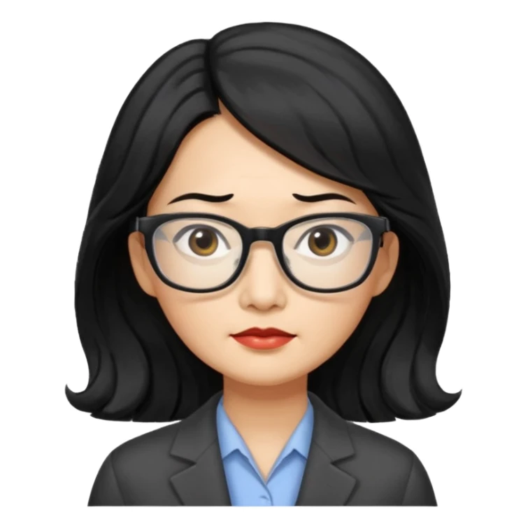 serious middle-aged Asian woman, long wavy hair, small rectangular metal glasses, manager sticker