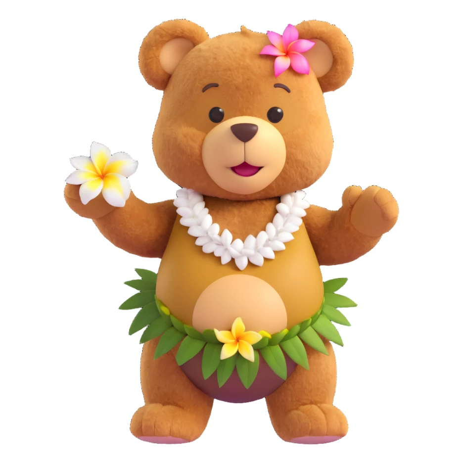brown teddy bear in a coconut bra and plumeria lei, doing the hula dance sticker