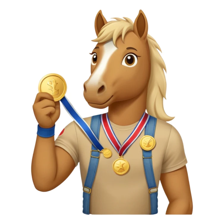 friendly anthropomorphised stallion in jeans and a t-shirt, holding a gold medal sticker