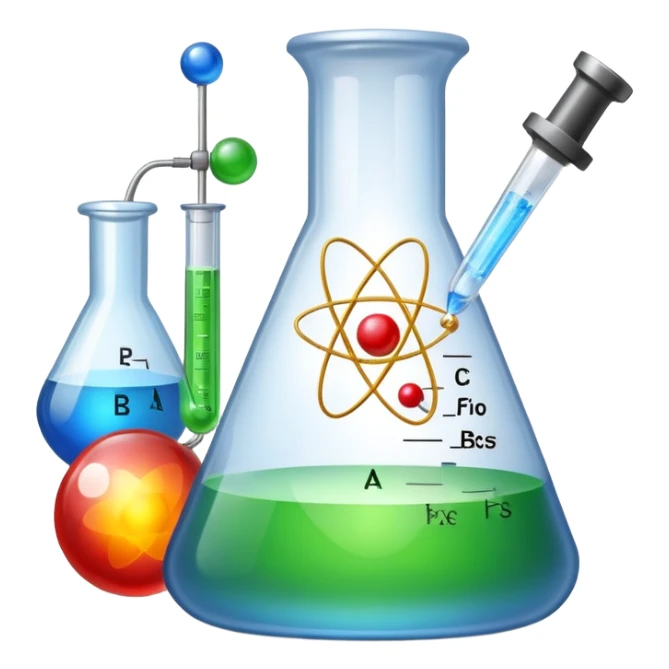 An icon featuring an atom, a laboratory flask, and a physics formula, symbolizing the study of physics. The design includes a magnet, a pendulum, and light waves, representing forces, energy, and scientific discovery. Transparent background highlights the exploration of physical laws and phenomena. sticker