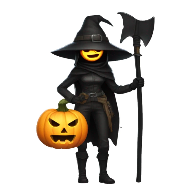 Human female pumpkin hunter with a scythe, glowing pumpkin eyes inside a black helmet, Halloween theme, emoji" sticker