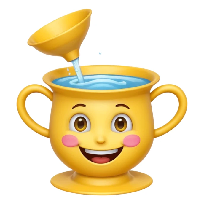 Crazy laughing emoji on upside-down kitchen funnel on its head (not a hat), wide smile, big eyes, cartoon emoji style, bright colors. sticker