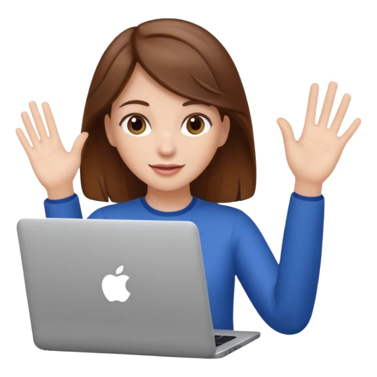 white girl with brown hair using a laptop, waving sticker