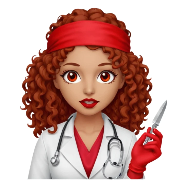 Lilith scalpel in hand, evil surgeon sexy surgeon clothes.  She has red eyes.Her  brown long curly hair. Wears sexy doctor outfit with red gloves. Hides mouth necknose with red bandana to hide her identity. Hair is long and brown sticker