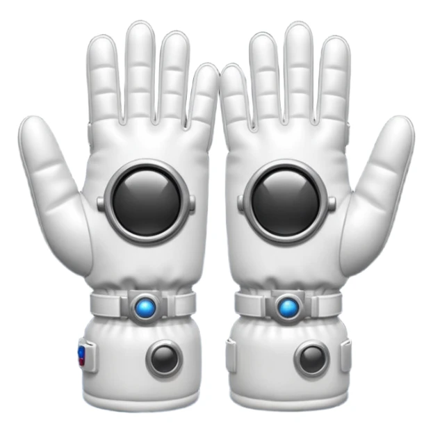 white pressurized astronaut gloves with metal wrist rings floating in space, 3D emoji style sticker