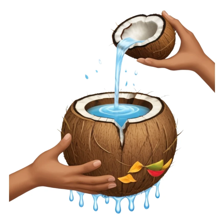 two hands with water in it, pouring the water down onto a full coconut sticker