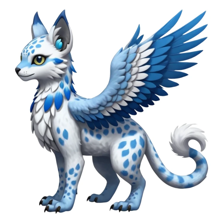 Winged hyper-realistic Feral Rare realistic edgy cute, white, blue, beautiful handsome gorgeous aesthetic colorful vibrant Vernid-Trico-Silvally-Nargacuga-Gryphon-Snow-Leopard-fusion-hybrid-species-Fakemon-creature by LiLaiRa, splotch-rosettes fur markings, rounded ears, full body sticker