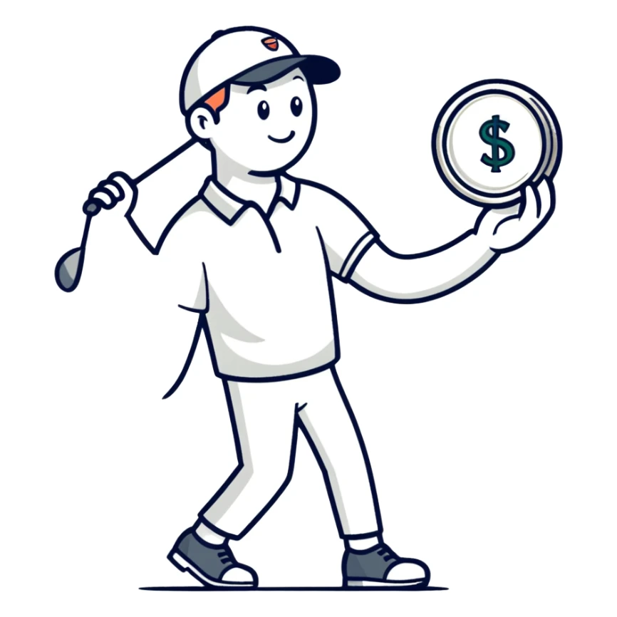 A male golfer holding a large nickel in his hand sticker