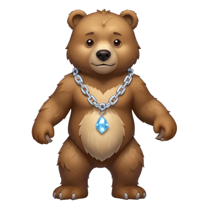 Fierce brown bear walking on four paws with an ice chain necklace, frozen chain links made of crystal clear ice, serious face sticker