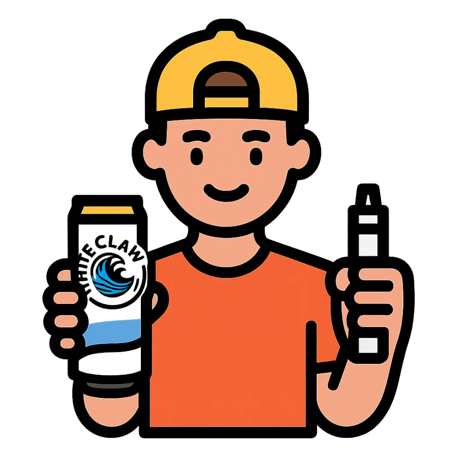 stylized man in a t-shirt and baseball hat, holding a White Claw and a vape, vibrant outlined icon style sticker