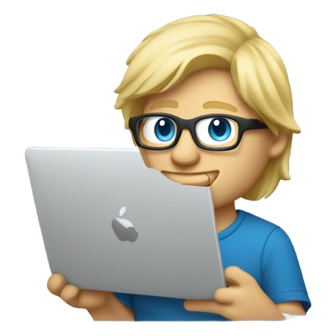 male, PCB designer behind macbook, blond, blue eyes with classes sticker