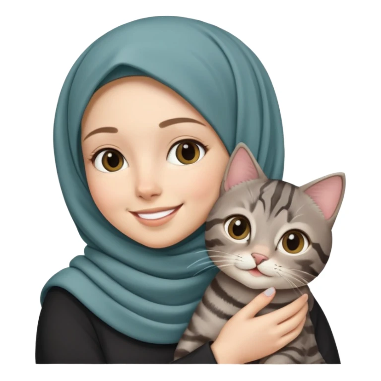 White girl wearing hijab smiling while holding a black grey tabby cat sticker