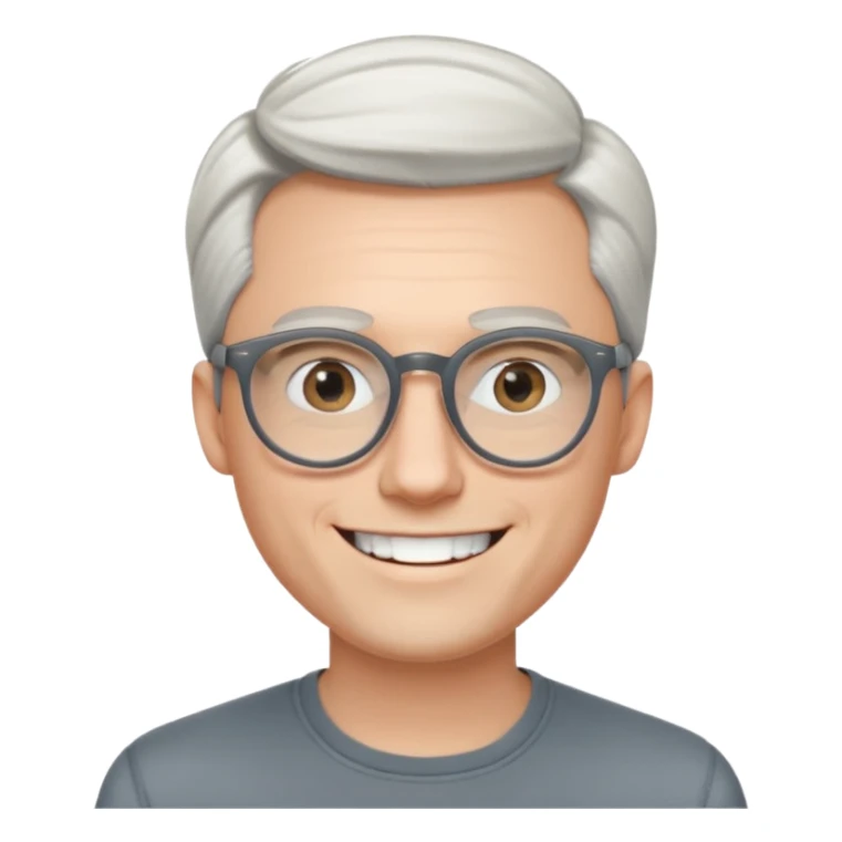 30 yr old pale white man, white/grey side swept stylish hair, round glasses, big smile, white teeth, handsome, longer hair, thin glasses,  smooth forehead, open collar, trendy sticker