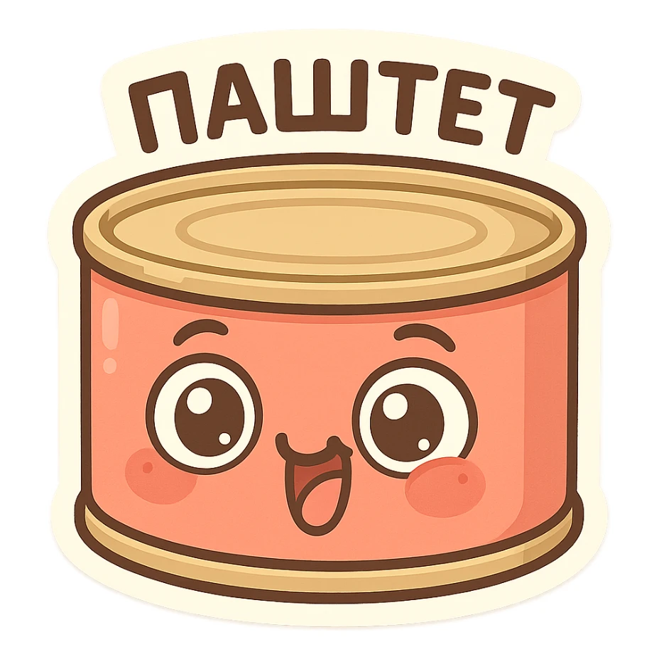 Funny pâté can character, smiling face with big eyes, goofy expression, cartoon style, chubby cute proportions, bright colors, playful illustration, meme-like vibe, text on top "ПАСТЕТ" in Cyrillic, bold and readable sticker