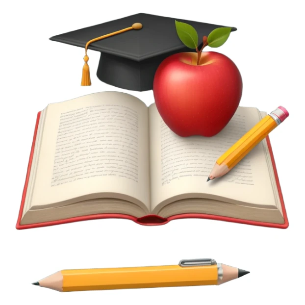 An icon featuring an open book, a pencil, and an apple, symbolizing education and pedagogy. The design includes a chalkboard with a lesson plan and a graduation cap, representing teaching and learning. Transparent background highlights the nurturing of knowledge and growth. sticker