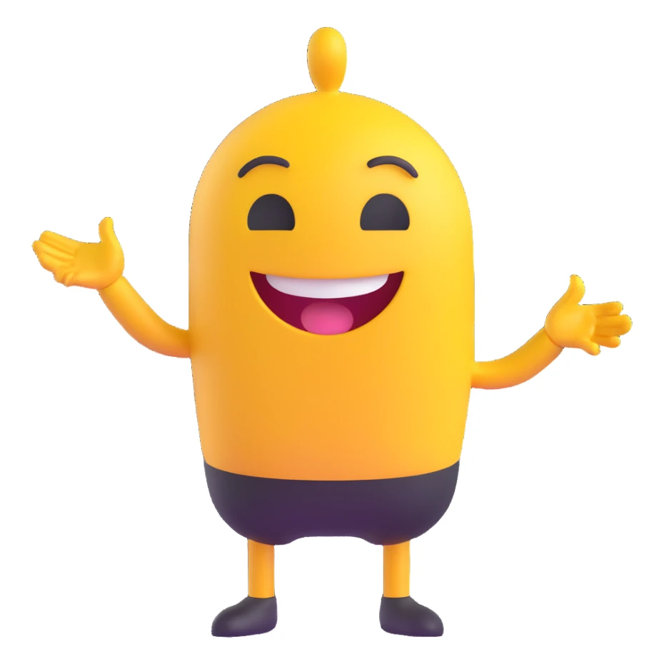 A 2D cartoon-style yellow emoji with a mischievous smile, shaped eyes, and both hands pointing upward with index fingers.  clean digital style, and a fun, dancing expression. Style similar to children’s drawing tutorials, dancing expression. No background, isolated on white.  sticker