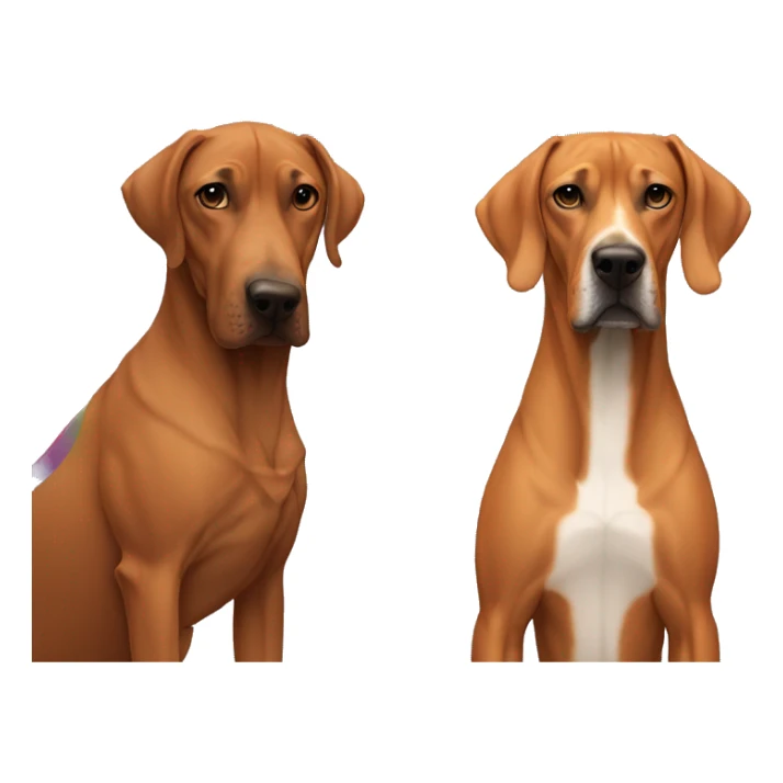 white male with long rainbow colored hair standing alongside a brown rhodesian ridgeback sticker