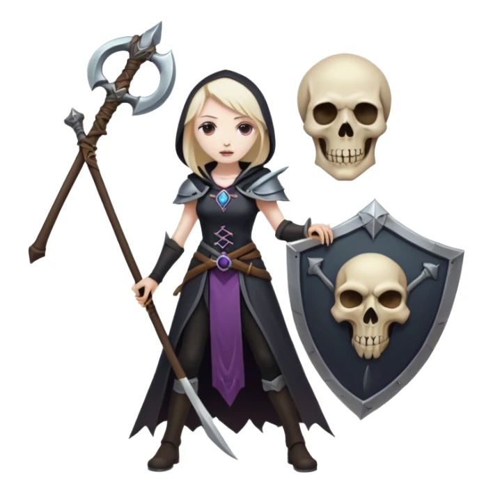 Necromancer girl with scythe and shield, in front of a dead mage sticker