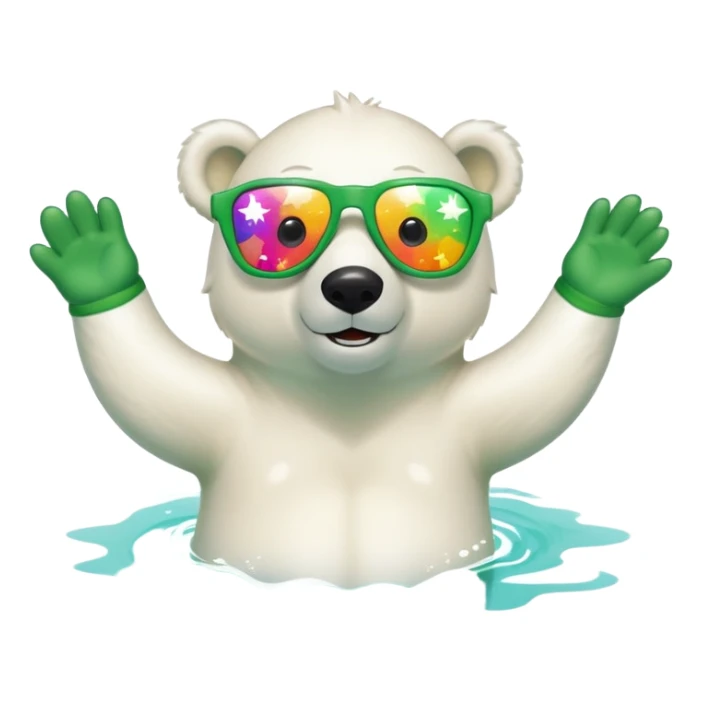friendly anthropomorphised polar bear wearing oversized colorful star glasses and festive St. Patrick's Day outfit, swimming freestyle with joyful expression sticker