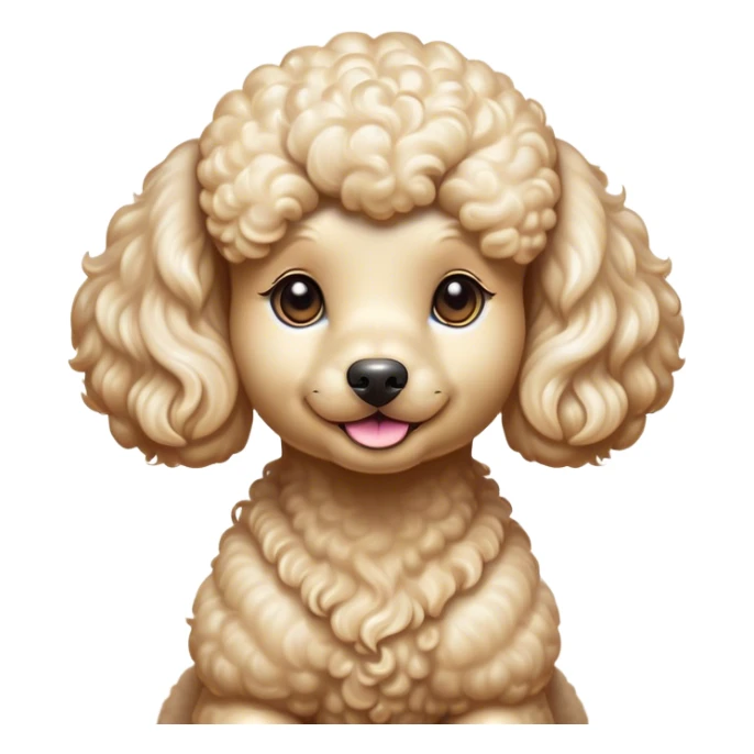 Cinematic Cute Cream Poodle Portrait Emoji, Head tilted playfully and inquisitively, showcasing a bouncy, curly cream Fur with a luminous sheen, round, sparkling warm eyes filled with curiosity, Simplified yet irresistibly adorable features, highly detailed, glowing with a warm, friendly glow, high shine, affectionate and lively, stylized with a touch of whimsy, bright and endearing, soft glowing outline, capturing the essence of a mischievous yet loving companion, so playful it feels like it could bounce out of the screen and into your arms! sticker