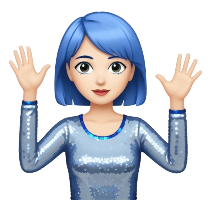 Woman with medium length blue hair doing jazz hands sticker