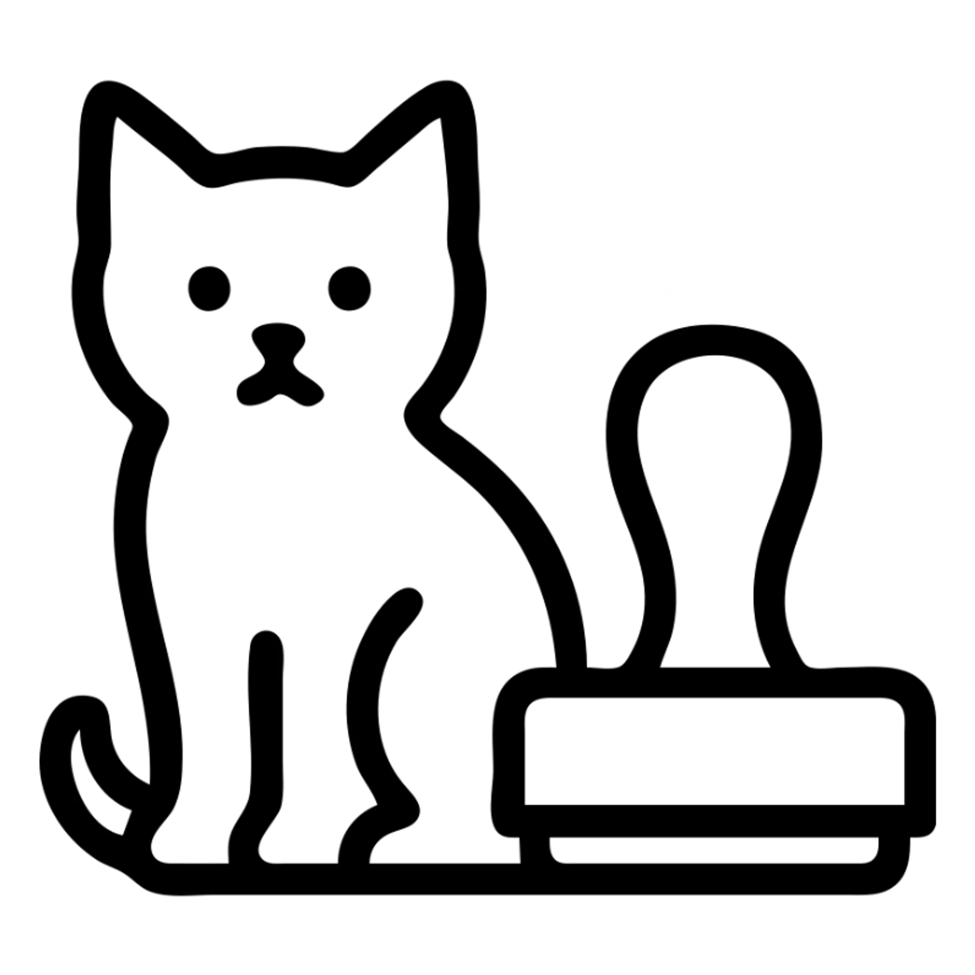 black cat with a large rubber stamp, simple and iconic, simple iconic black outlined icon sticker