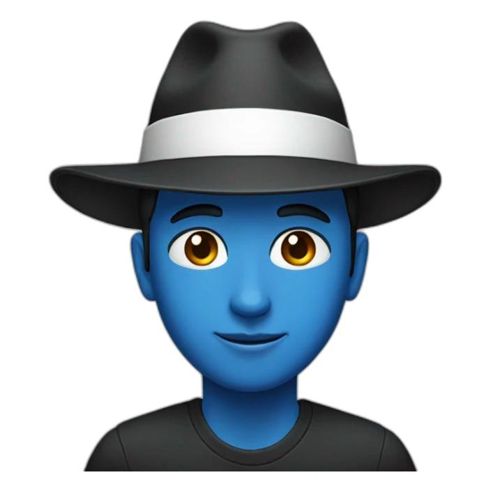 A person wearing a blue shirt and a black hat sticker