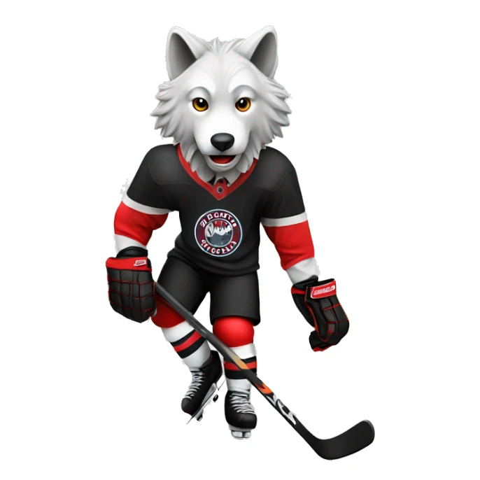 The wolf plays hockey in a black white and red uniform sticker