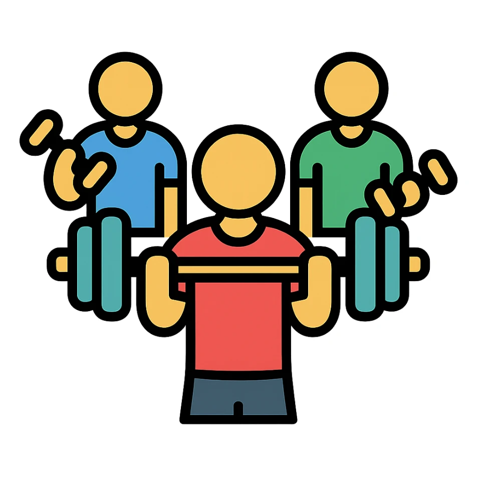 group of gym buddies lifting weights, minimal and recognizable icon style sticker
