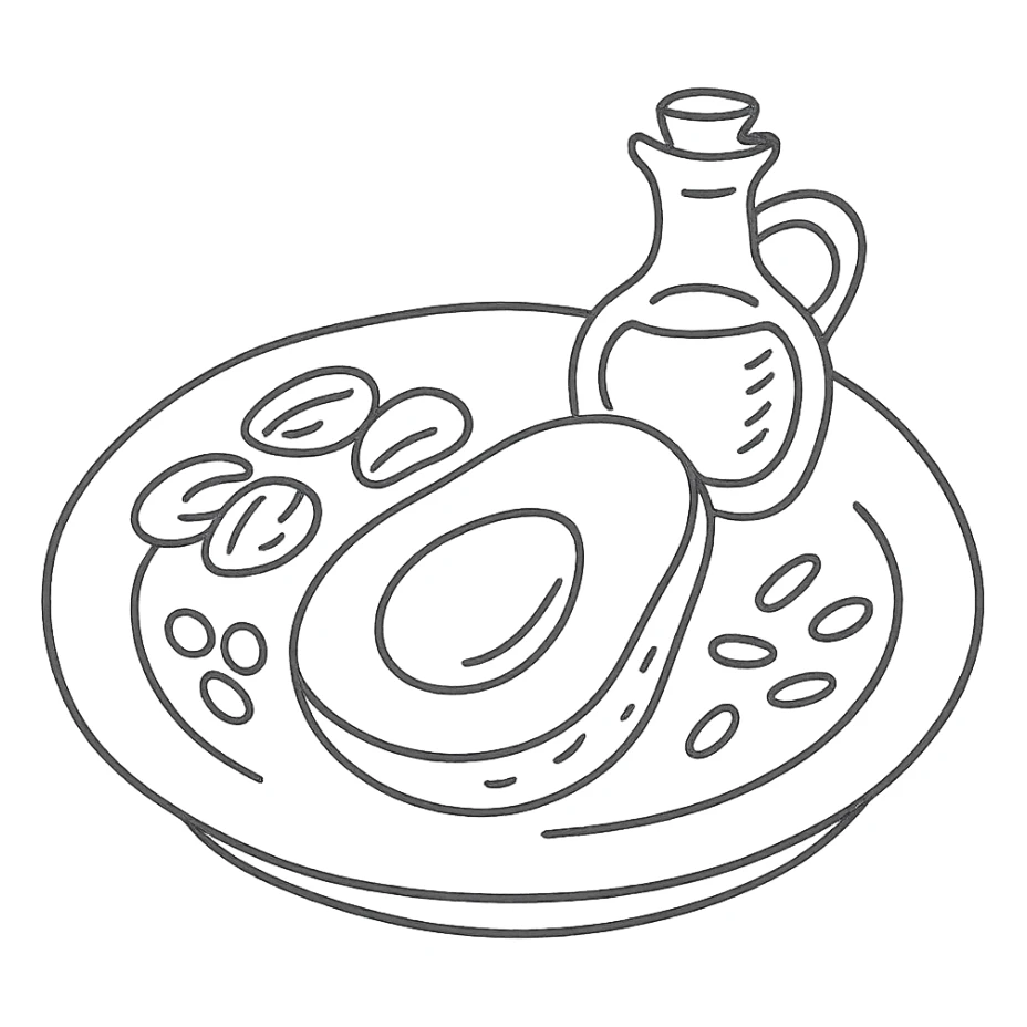 plate with avocado, nuts, olive oil, and seeds sticker