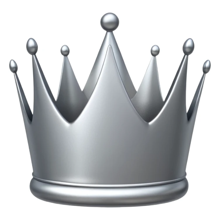 A luxury silver crown emoji, chrome metallic finish, smooth rounded edges, subtle sparkle, polished reflective surface, cute proportions, iOS emoji style, centered on a clean white background, soft studio lighting, no outlines sticker