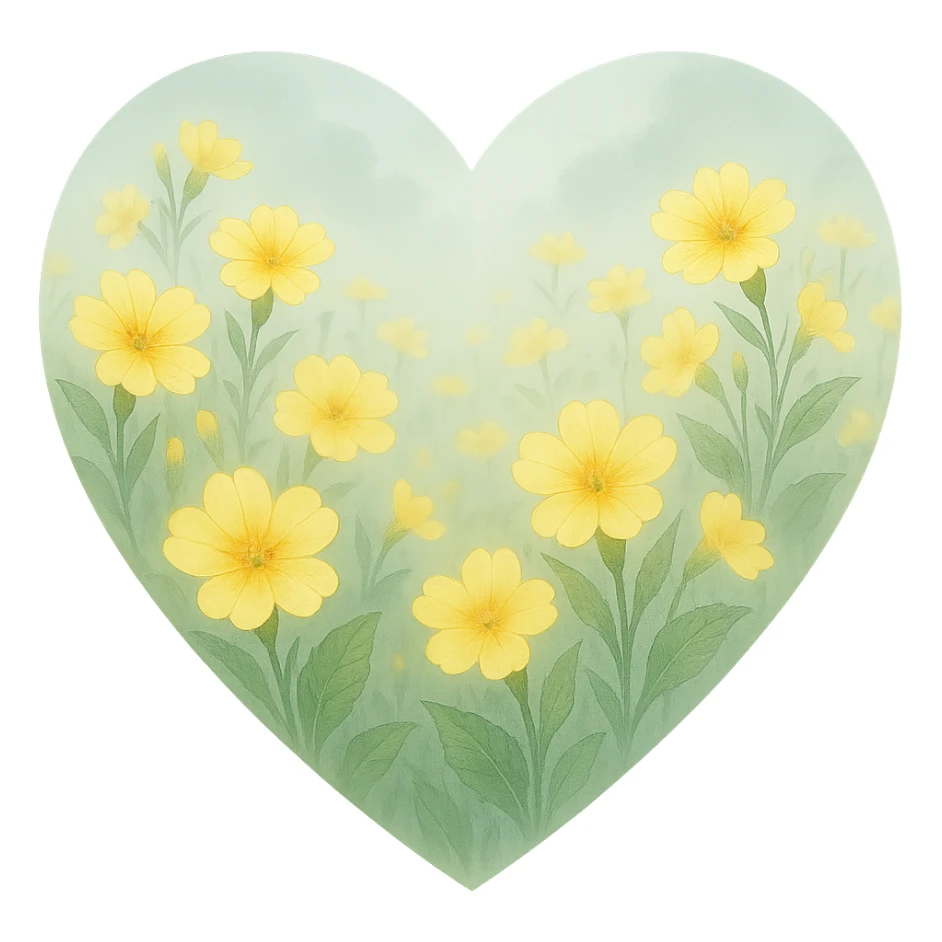 heart with a misty morning primrose field, clean digital illustration sticker