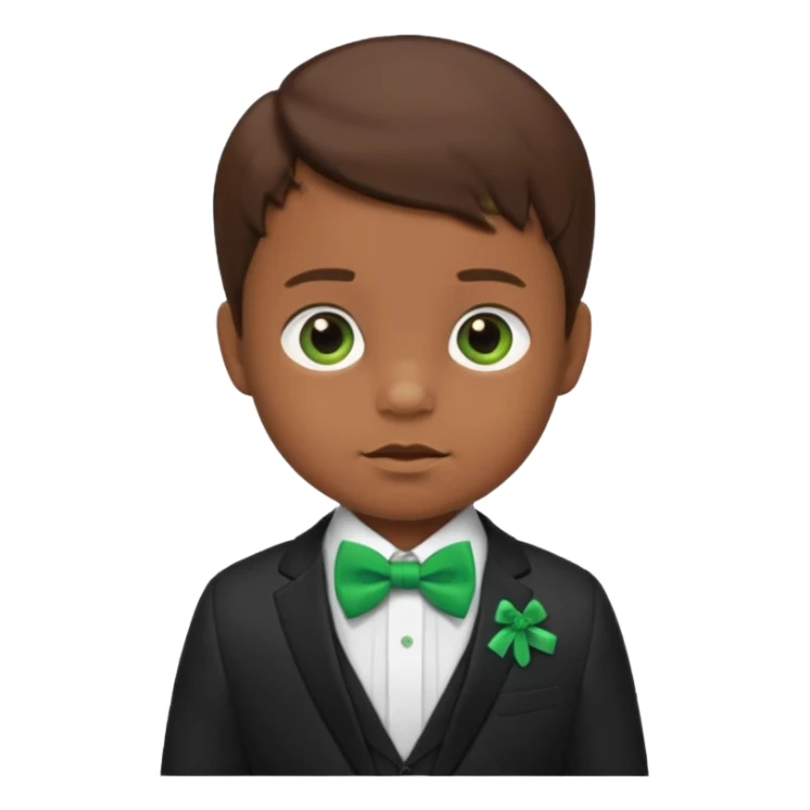 baby boy brown hair in suit, with green bow sticker