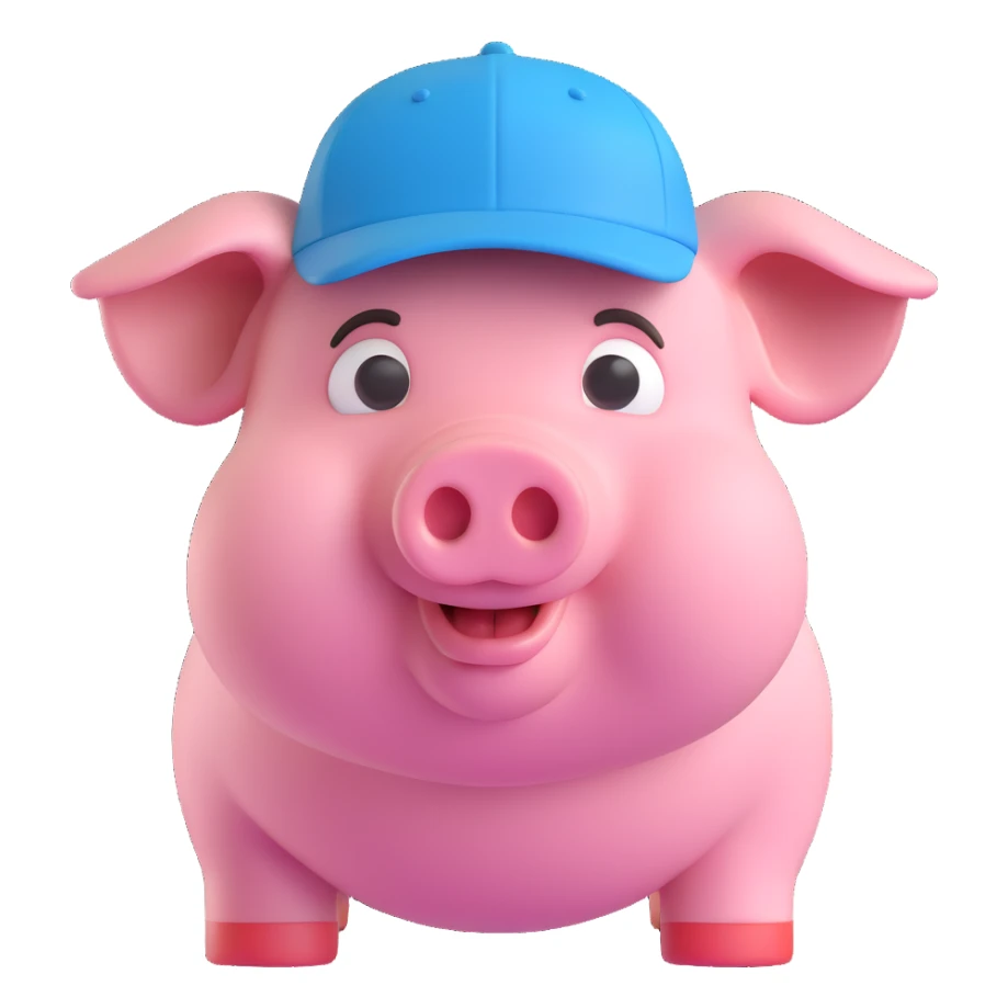 John Pork, a pig with a human body, wearing a cap, friendly expression, 3D emoji style sticker