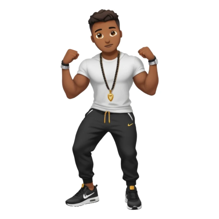 Handsome Black guy with brown skin tone, with muscular build, wearing black sweatpants, a white t-shirt, black Nike air max, a small rope chain, and a watch  sticker