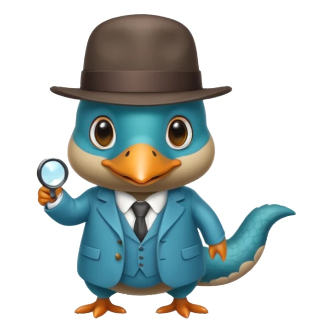 cute light blue turqiouse platypus with a detective hat and monocle on his eye, no  hands, looks like a platypus but blue, the hat and suit are not blue sticker